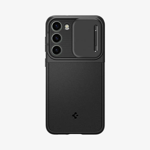 ACS05639 - Galaxy S23 Ultra Case Optik Armor in black showing the back with lens protector slot open